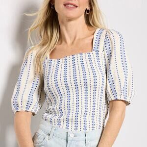 Evereve Ellison Smocked Top White Blue Embroidered Shirred Puff Sleeve NWT